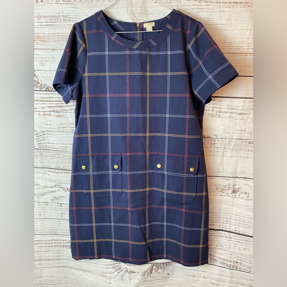 J. Crew Navy Plaid Dress with Red and Gold Accents